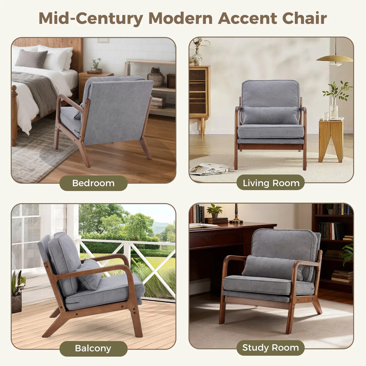 Mid Century Modern Solid Wood Accent Chair with Lumbar Cushion