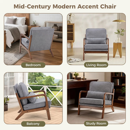Mid Century Modern Solid Wood Accent Chair with Lumbar Cushion