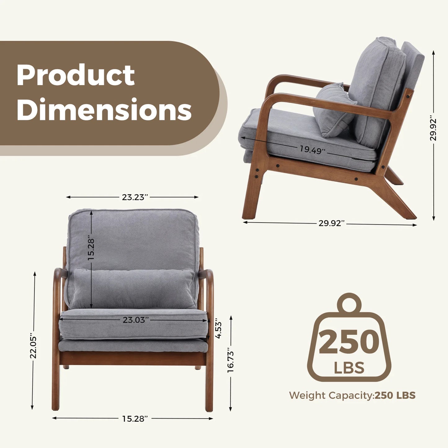 Mid Century Modern Solid Wood Accent Chair with Lumbar Cushion